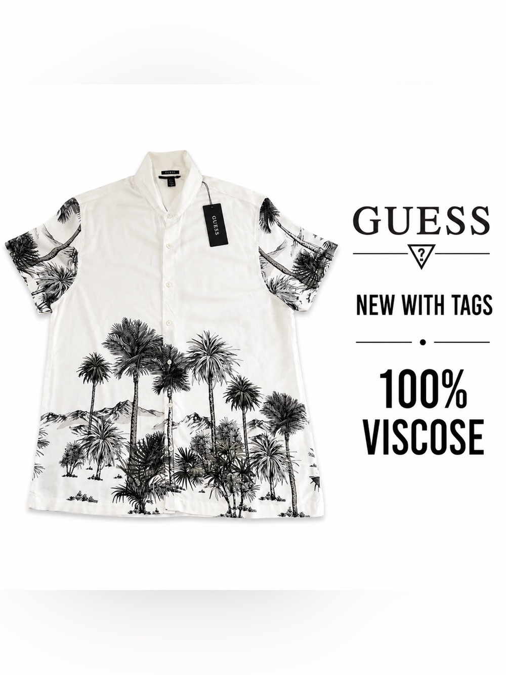 Guess EcoVero Palm Print Camp Shirt XL White Tropical Viscose